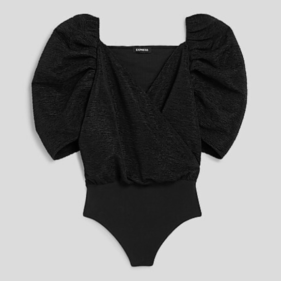 NWT - Express Textured Puff Sleeve Wrap Front Thong Bodysuit - Medium - Picture 2 of 13